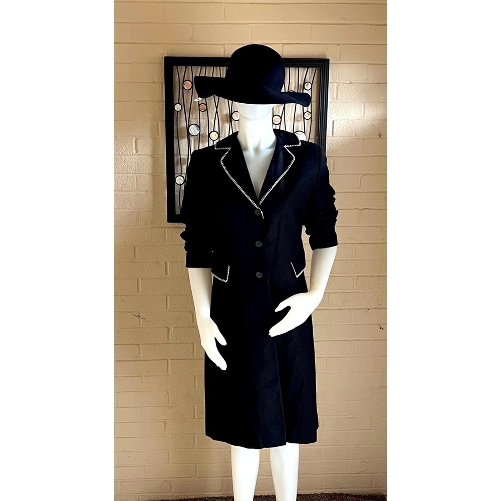 Larry Levine Linen Midi Coat Black White Stitching Trim Size 6